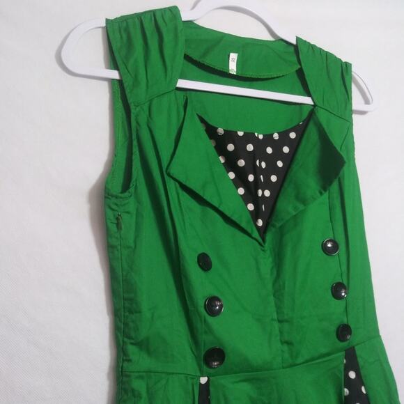 Vintage Retro 50s Rockabilly Green Sleeveless Polka Dot Flare Dress Size Small - Picture 3 of 7